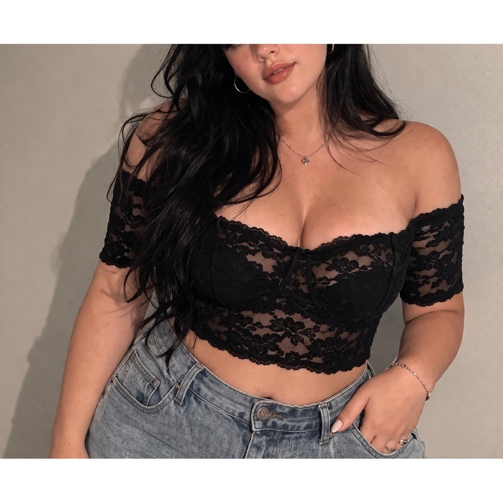 VICTORIA'S SECRET Black Lace Bustier Top Size 12 Off Shoulder Corset Coquette